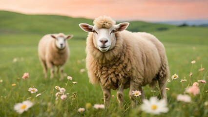 Fototapeta premium two lambs are fussing on a green meadow