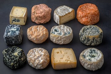 Assortment of French Cheeses on Dark Surface