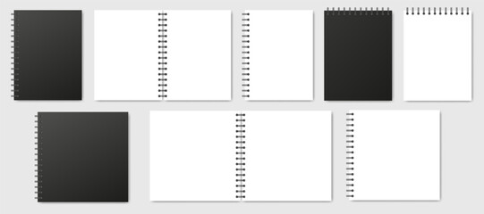 Mockup of a white notebook with black cover and spiral. A5 and square format. Shiny metal binder clip. Mockup of a small book, diary, notepad. Copybook, white sheets of paper with black binder