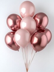 Bunch of pink and rose gold balloons floating on white background