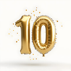 Golden balloons forming number ten floating with falling confetti
