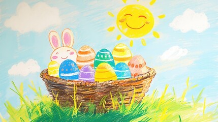 A cheerful, childlike crayon drawing of a woven basket filled with colorful Easter eggs under a smiling sun, radiating festive joy.