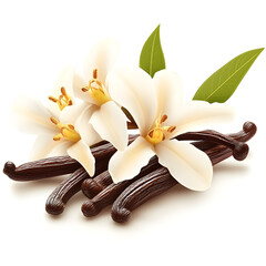 Vanilla pods and flowers resting on white background