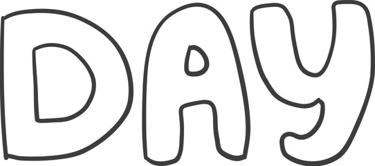 Day text party doodle. Sketch of Birthday decoration, gift box, cake, party hats in sketch style. Hand drawn vector illustration isolated on white background