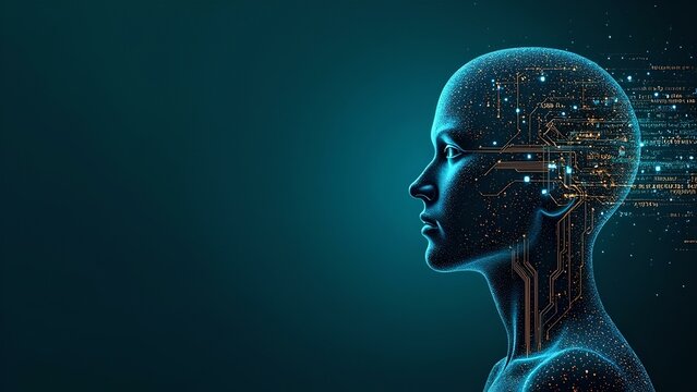 The Digital Gaze: A Futuristic Face Emerges from Glowing Networks.

