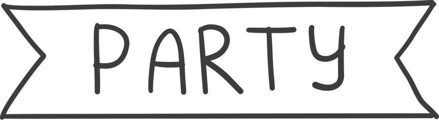 Text party doodle. Sketch of Birthday decoration, gift box, cake, party hats in sketch style. Hand drawn vector illustration isolated on white background