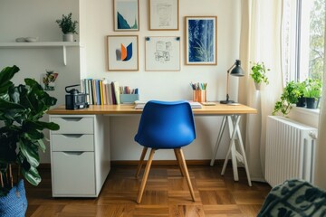 A modern home office features desk chair and decorations with plants