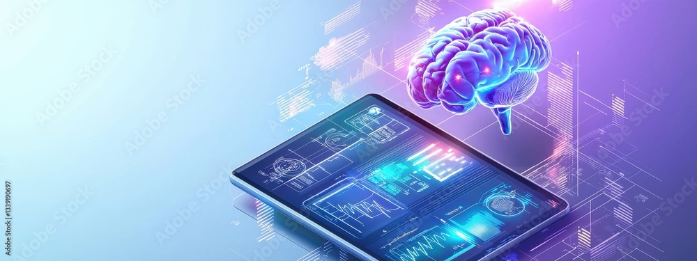 Poster futuristic technology concept with brain and digital device interface
