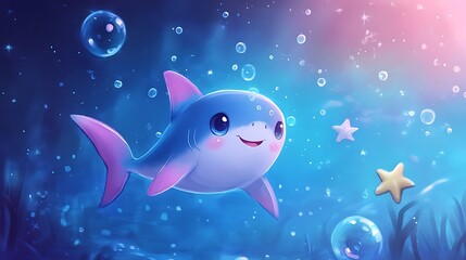 A Cute Smiling Cartoon Shark Swimming Underwater With Bubbles