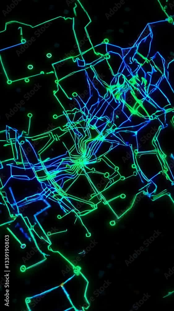 Poster electrifying neon network: dynamic pulses and interconnected neon pathways