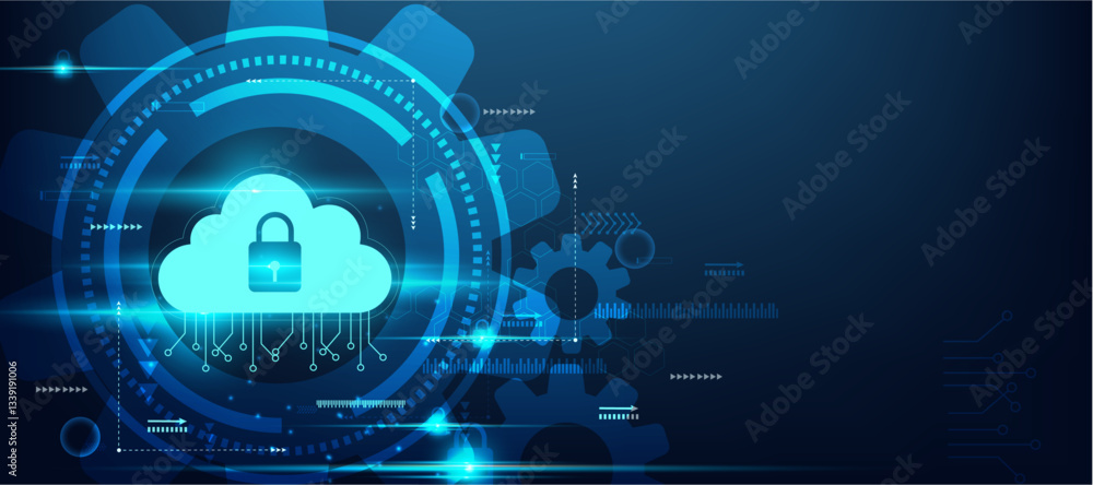 Poster cloud computing cyber security lock protection concept blue tech abstract background