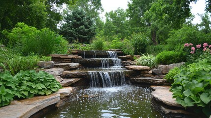 Serene Waterfall in Lush Garden Paradise