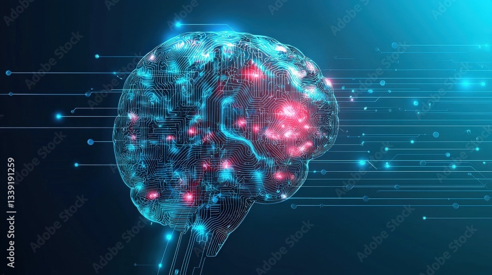 Poster futuristic brain with circuit patterns and digital data flow