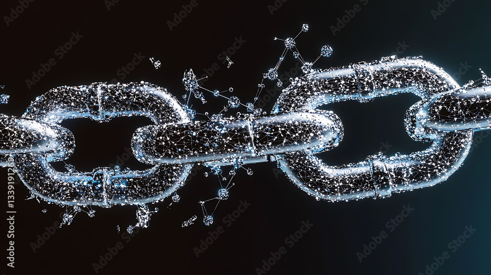 Poster stunning abstract image of a chain breaking apart, rendered in a futuristic, polygonal style. perfec