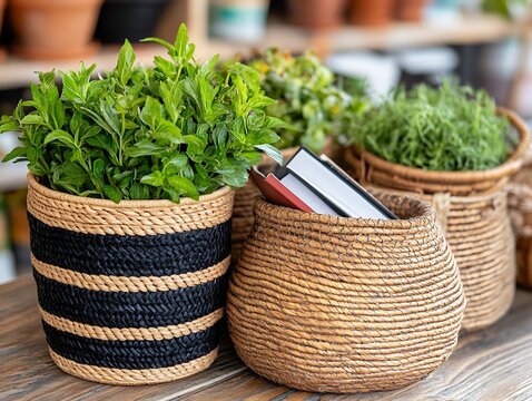 Potted plants and books in rustic woven baskets
