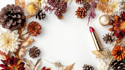 Fototapeta premium Autumn Makeup Flatlay: Red Lipstick, Dried Flowers, and Gold Accents