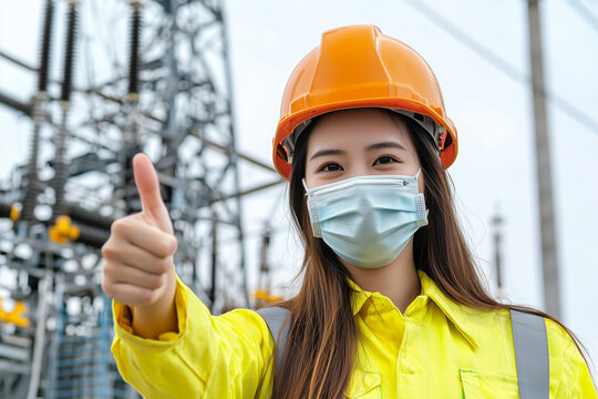 A woman in safety gear, including a helmet and face mask, gives a thumbs-up at an industrial site, representing a safe and healthy working environment on World Day for Safety and Health at Work.