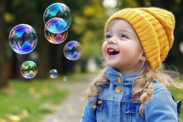 Happy toddler girl wearing yellow beanie and denim jacket watching soap bubbles floating in the air in a park
