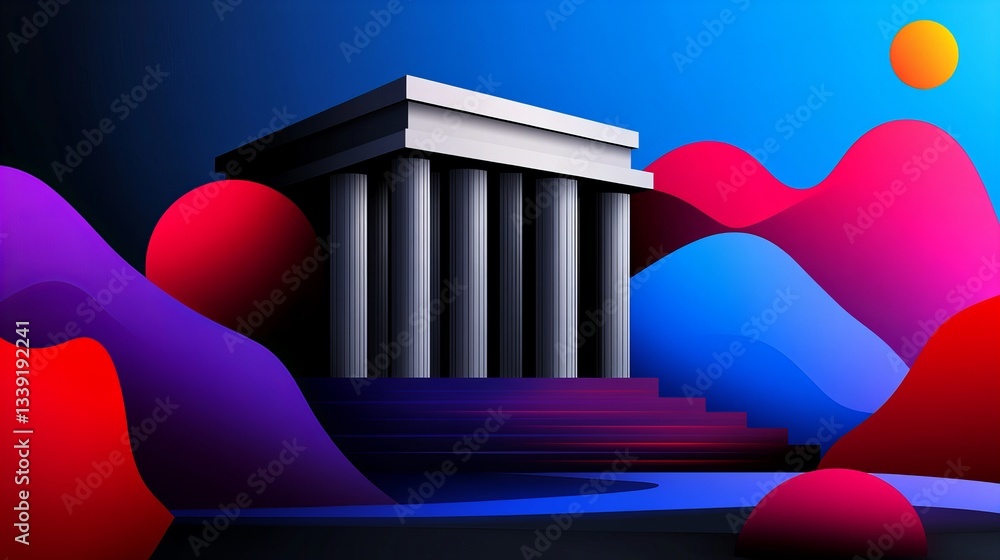 Aufkleber monumental structure stands prominently on a tiered staircase amidst a backdrop of abstract shapes a