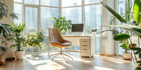 A bright modern office with plants and a city view