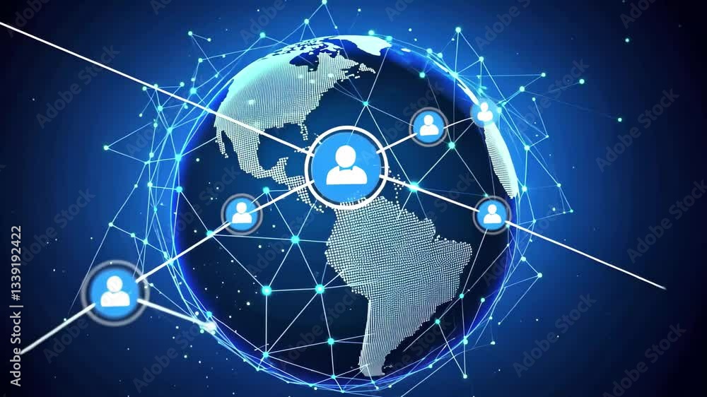 Poster digital data connections form a global network across continents and oceans in vibrant blue tones, d
