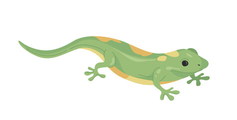 A green gecko with yellow spots crawling, depicted in a cartoon style on a white background. Concept of wildlife, reptiles, and exotic animals. Vector illustration
