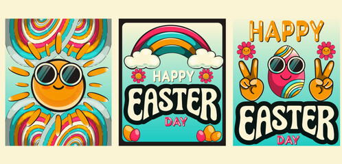 Cartoon posters with a retro 90s aesthetic. Sun, eggs, flowers, rainbow, colorful. Happy easter day in funky groovy style