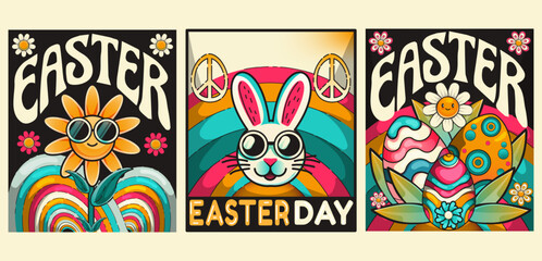 Cartoon set of Easter posters in retro 90s aesthetic. Sun, eggs, flowers, rainbow, colorful. Happy easter day cards in funky groovy style