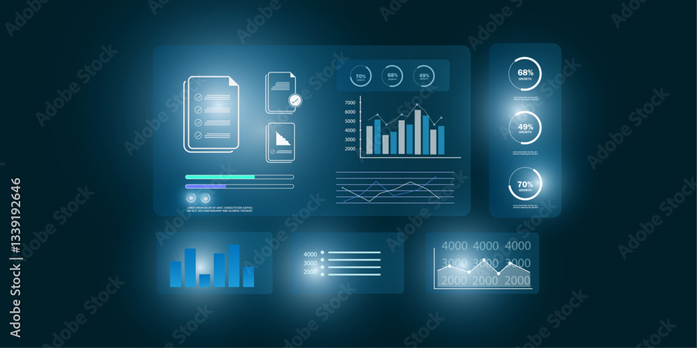 Poster digital background showing business data dashboard analytics, financial report