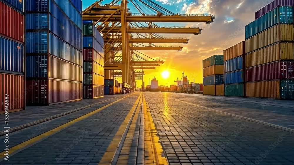 Aufkleber sunset over busy port with stacked shipping containers and cranes unloading cargo, containers in a p