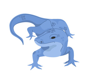 A blue lizard with dark spots on its body, depicted in a stylized vector style. The reptile is positioned dynamically on a white background. Concept of wildlife and nature. Vector illustration