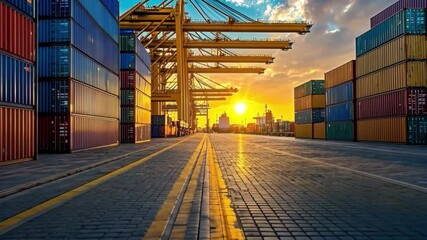 Sunset over busy port with stacked shipping containers and cranes unloading cargo, Containers in a port