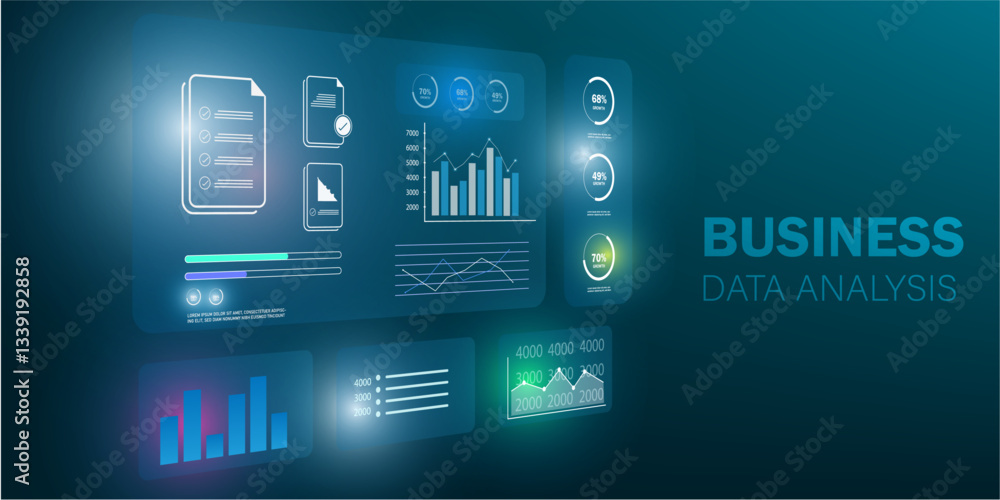 Poster digital background showing business data dashboard analytics, financial report