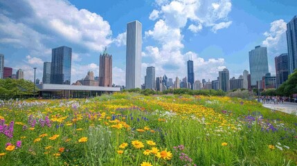 Vibrant Chicago Skyline Blooming Meadow