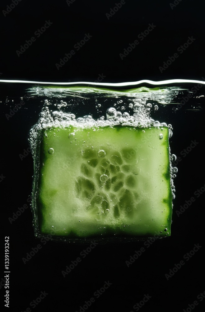 Poster fresh cucumber slice bubbles in clear water with dark background capturing refreshing and healthy el