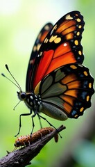 Naklejka premium Caterpillar transforming into Tawny Rajah butterfly, vibrant colors visible, life cycle, butterfly