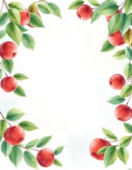 Aquarellillustration von saftigen Kirschen an Ranken mit grünen Blättern auf hellem Hintergrund. Ideal für sommerliche Designs und fruchtige Hintergründe.