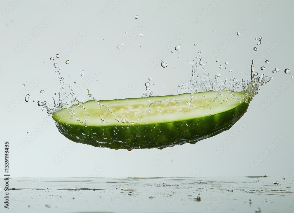Poster fresh cucumber slice splashing in clear water droplets captured in high-speed photography with vibra
