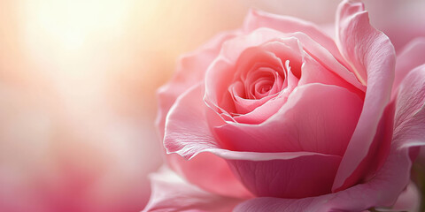 fondo abstracto macro con desenfoque de una rosa de color rosa pastel situada a la derecha con espacio vacio a la izquierda con fondo bohek luminoso. Concepto celebraciones, dia de la madre