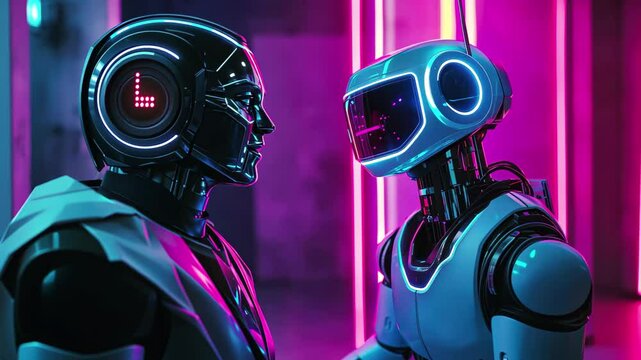 Engaging conversation between a human and a robot in neon-lit surroundings at night, Human and robot talking in neon effect mp4 video on dark background
