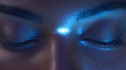 Cosmic Meditation: A close-up of closed eyes with a tiny glowing third-eye symbol, representing deep spiritual healing.