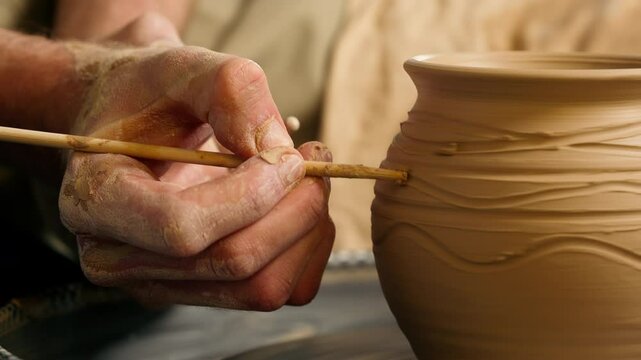Close up unknown man master craftsman holding using modeling tool making decoration patterns clay pottery jug vase pot potter craft artisan hobby handcraft male artwork earthenware skilled workshop