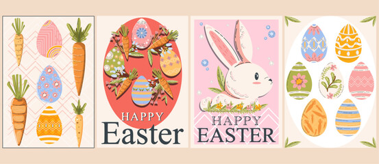 Set Happy Easter Day. Cartoon Minimalist posters. Celebration congratulations cards with eggs, carrots and rabbit