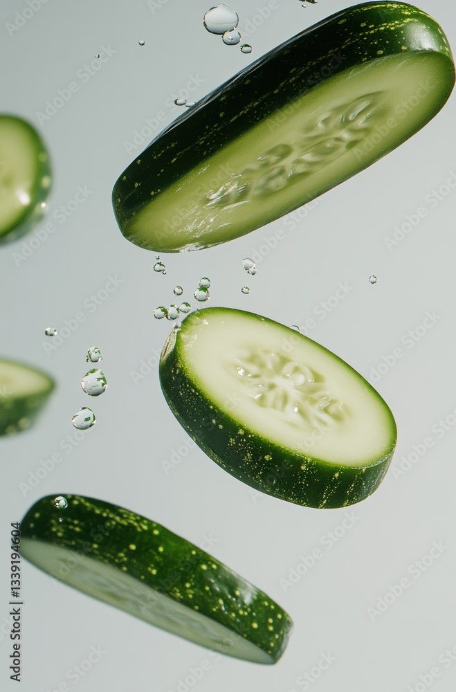 Poster fresh cucumber slices falling through air surrounded by bubbles in a clean and vibrant environment f