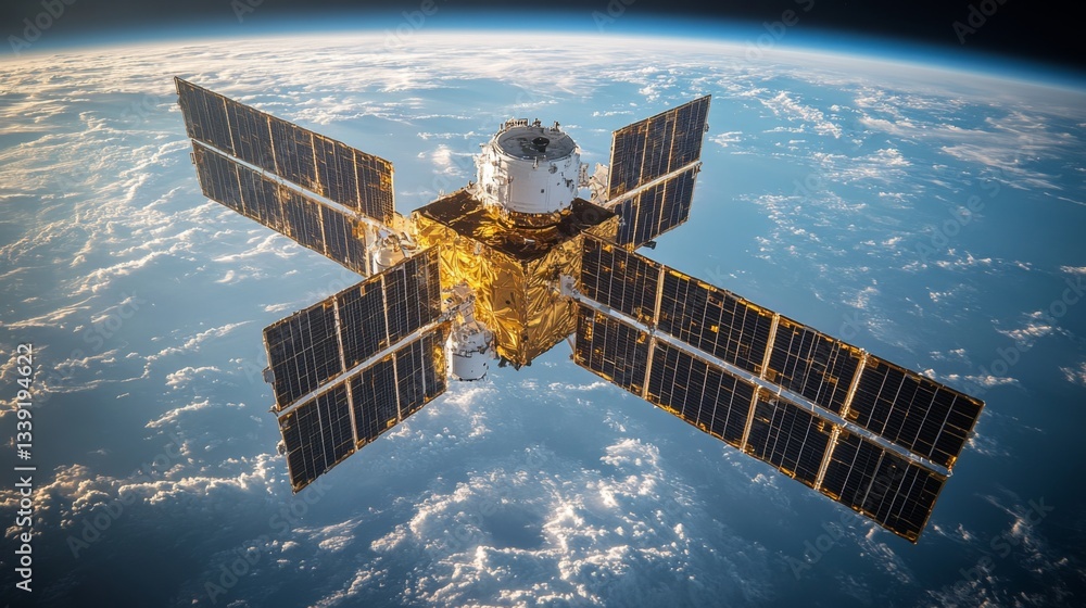 Poster A sophisticated satellite orbits Earth, equipped with solar panels and instruments for telemetry and astrophysics. This spacecraft gathers vital cosmic radiation data and conducts experiments.