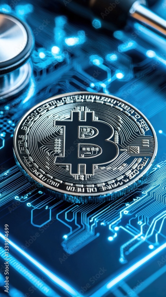 Poster bitcoin coin on circuit board background in modern technology concept