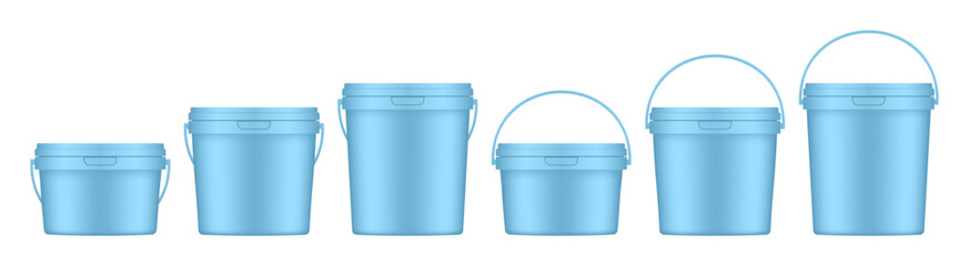 Light blue plastic buckets with handle and lid. Vector mockup of a food or building mixtures packaging. A bucket of paint or putty. Small, medium and large sizes   © Irina Shats