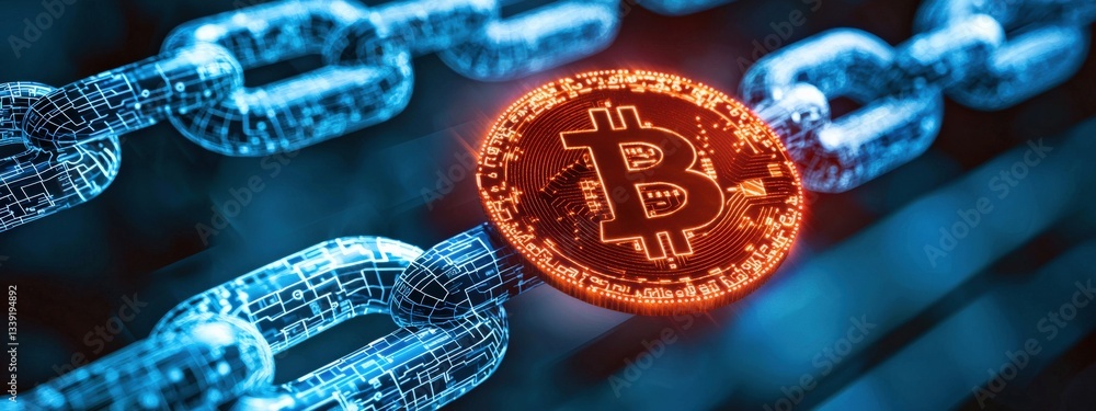 Poster digital chain link concept with bitcoin symbol and advanced technology
