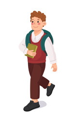 Cheerful young male student walking while carrying books and wearing backpack. The character is dressed in school uniform. Background is white. Concept of education and learning. Vector illustration