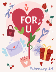 Valentine s Day themed illustration featuring large red heart with FOR U text, surrounded by romantic elements like gifts, flowers, love letters, hearts. Concept of love. Vector illustration